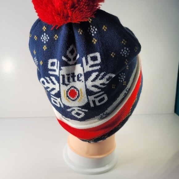 Miller Light Beanie Hat Cap WITH Pom-Pom Christmas Red White Blue Holidays - Picture 3 of 3